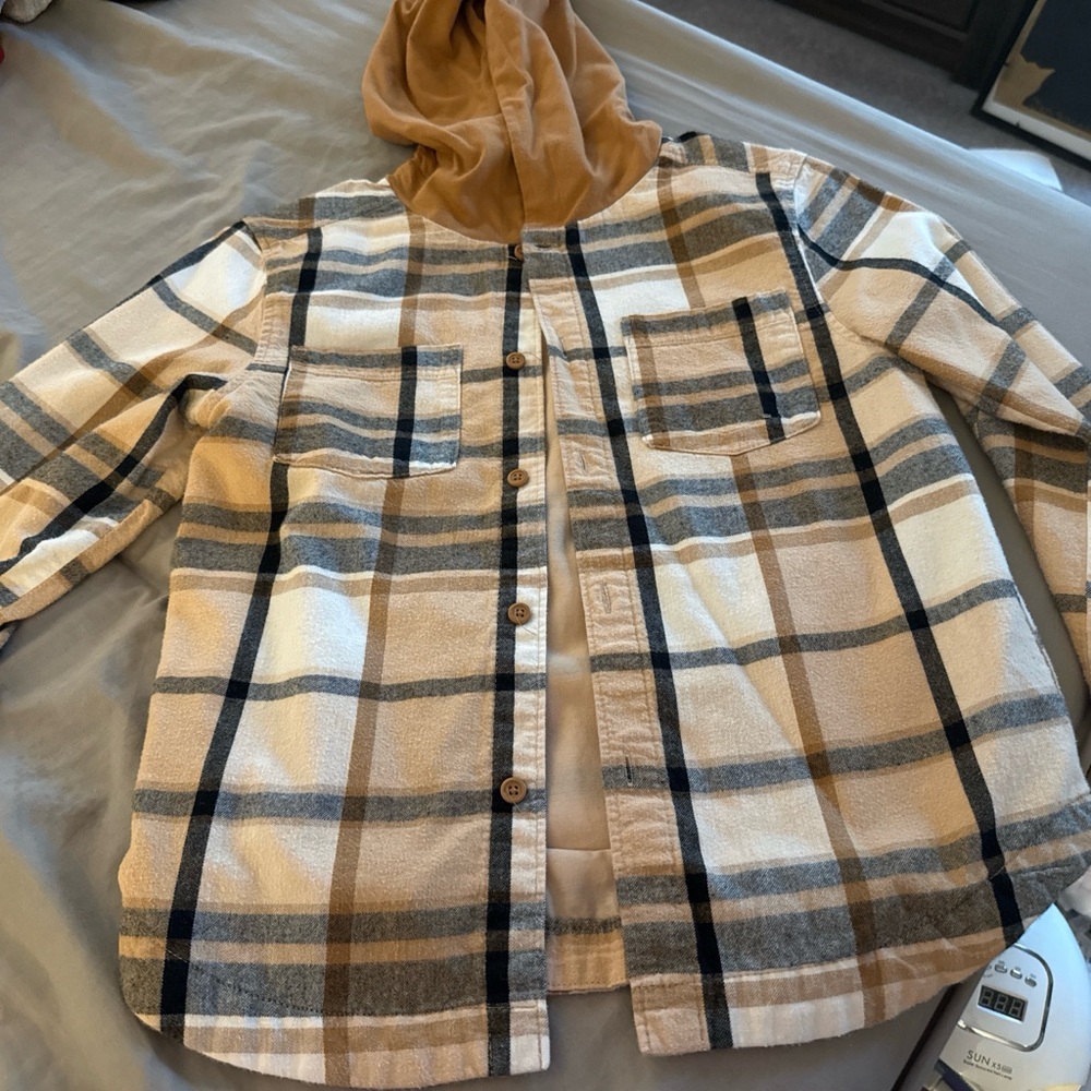 Cat & Jack Tan and Black Plaid Shirt with Hood
